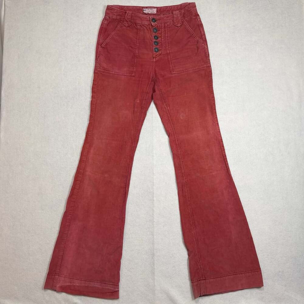 Free People Pants Womens 26 Fits 28x33 Corduroy  Slim Flare Pants Red Faded Boho